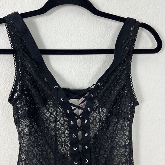 Victorias Secret Dream Angels Sheer Black Lace Up Thong Teddy Bodysuit Small - Picture 2 of 12